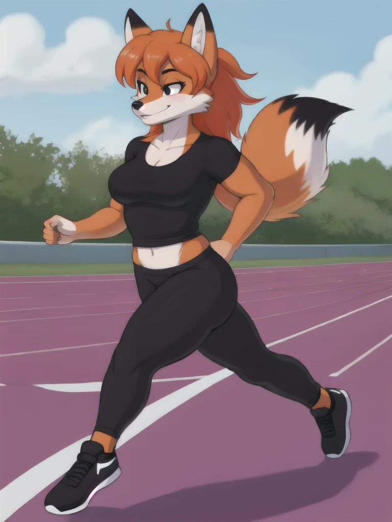 Furry, fox, female, black shirt, black leggings, shoes, running track, solo, full body