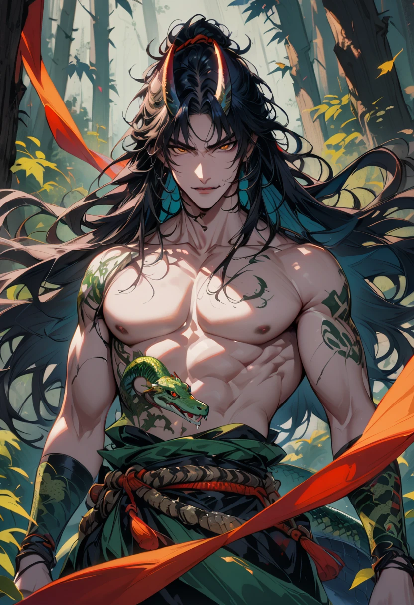 1man, bishonen, adult, handsome, male, solo, sneaky, oni horns, horns, snake from the waist down, lamia, naga, loose hair, (long black hair), flowing hair, (yellow eyes), yokai, shirtless, waist-up, light skin, pale skin, sinister smirk, muscular, (sharp fangs), (tribal tattoo:1.0), (background in forest), cinematic angle, masterpiece, forest, leaves, lush, best quality, high resolution, ultra-detailed, handsome, mullet