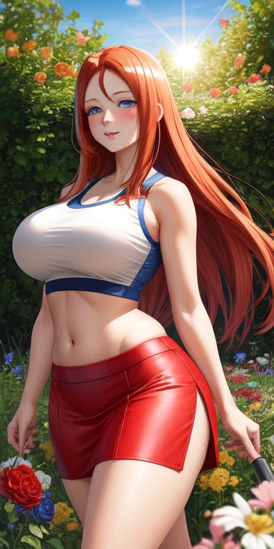 realistic, 1girl, Uzumaki Kushina, Long Straight red hair, big round breasts. slightly curvy body, sexy body, white skin, blue eyes, crop top, red crop top, skirt, red skirt, blush, evening, flowers, sun, sunshine