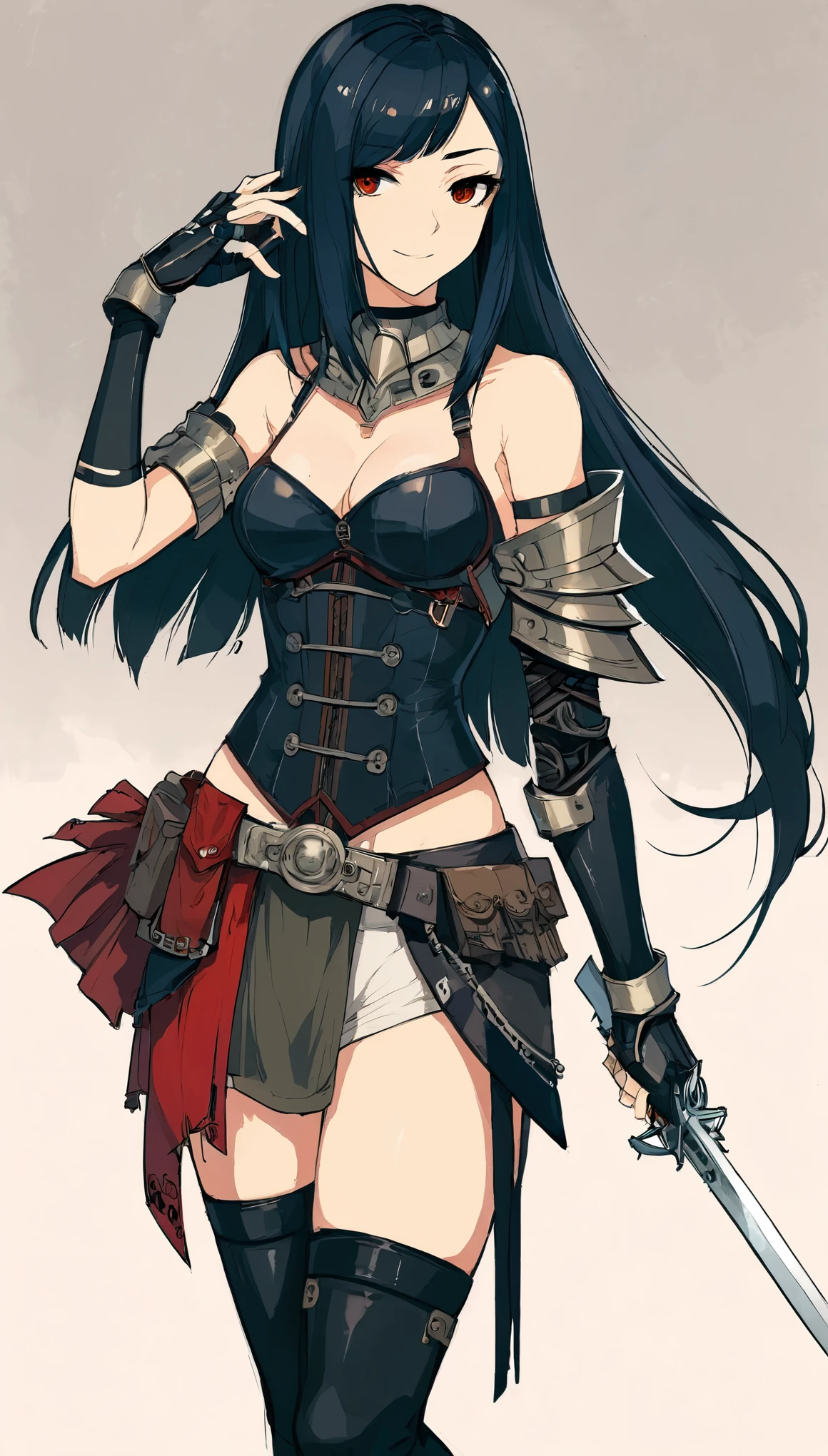 in style of ashley wood,in style of Santiago Caruso,in style of Alex Hirsch,in style of American McGee {1girl:1.3},{asymmetrical hair:1.1},{oversized breasts:0.4} {oversized forearms:1.5},{arm armor:1.4},{oversized shoulder:1.5},{a proud smile:1.1},fingers on the mouth,silence,{squinting:1.4},masterpiece，best quality，Machine Belief，illustration，insanely detailed and intricate, Hypermaximalist, elegant, ornate, hyper realistic, super detailed
