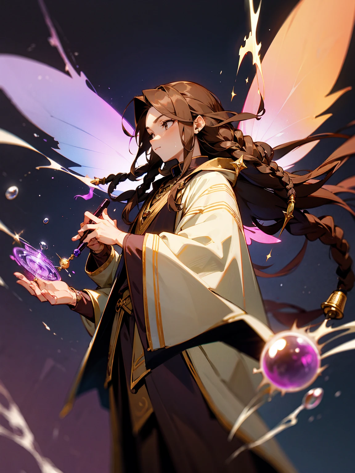 male, fairy wings, brown hair, dreadlocks, alchemist robes, potion vials