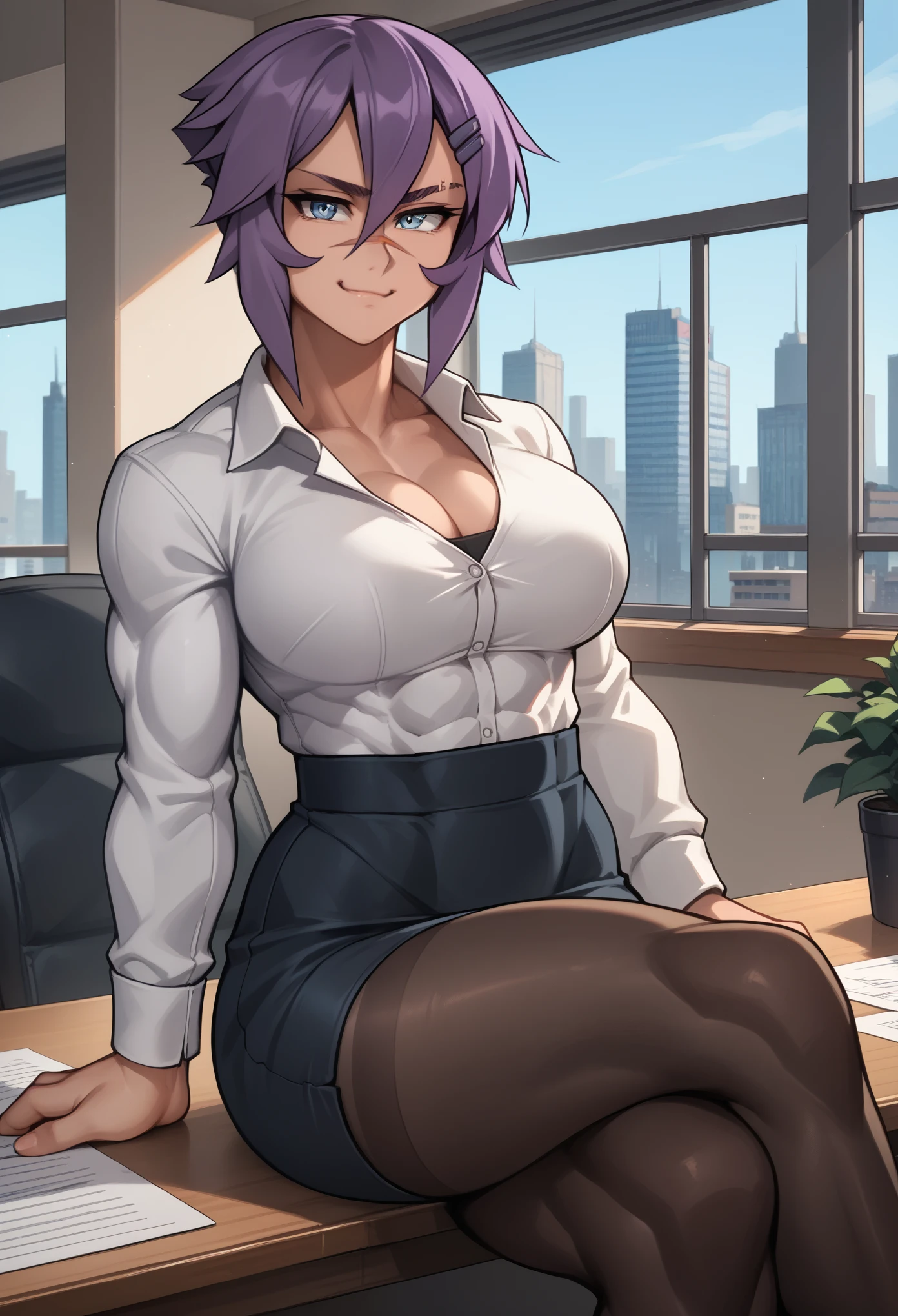 score_9, score_8_up, score_7_up, 1girl, mayaold, blue eyes, purple hair, short hair, hairclip, nose scar, eyebrow cut, large breasts, muscular female, dress shirt, pencil skirt, cleavage, tight shirt, black pantyhose, looking at viewer, smug, toned, sitting, crossed legs, sitting on table, indoors, office, window, cityscape