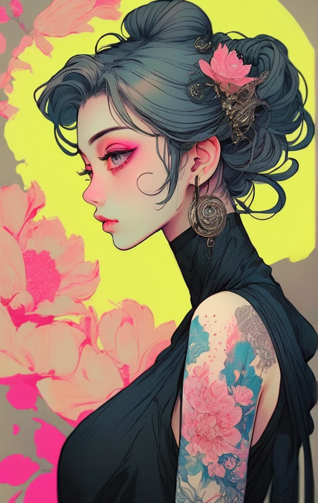 I was born to fall in love
You know, We're all alone
Hold your dreams it never ends
Naked eyes in the sky …
A stunning anime girl with an intricate floral tattoo on her neck, exuding elegance and beauty.,in the style of neon realism, dark pink and light black, gothic art nouveau, anime-inspired character designs, dark white and indigo, bold yet graceful, cyberpunk manga, detailed costumes