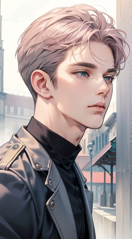 masterpiece, best quality, realistic, 1man,  male, quiet and charming young man, 35 years old, close his eyes, serious, closed mouth, extremely detailed face, cold, ((dark grey blue eyes)), ((short-right-swept dark grey pink hair)), [thick eyebrows], ((hunter)), accurate, detailed, ((town))