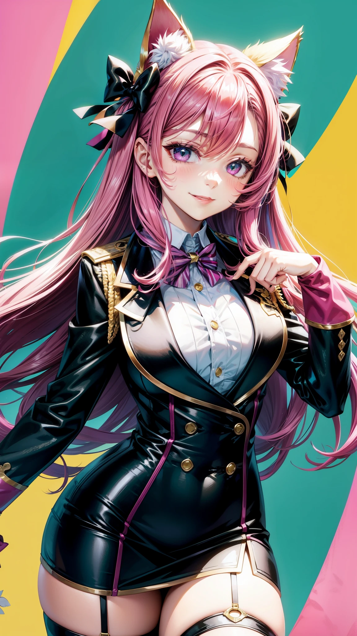 Magenta hair, hazel eyes, older woman, hair bows, cat ears, long hair, smiling face, sexy uniform outfit, teal and gold clothes,plants background