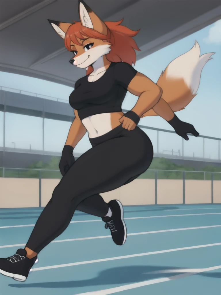 Furry, fox, female, black shirt, black leggings, shoes, running track, solo, full body
