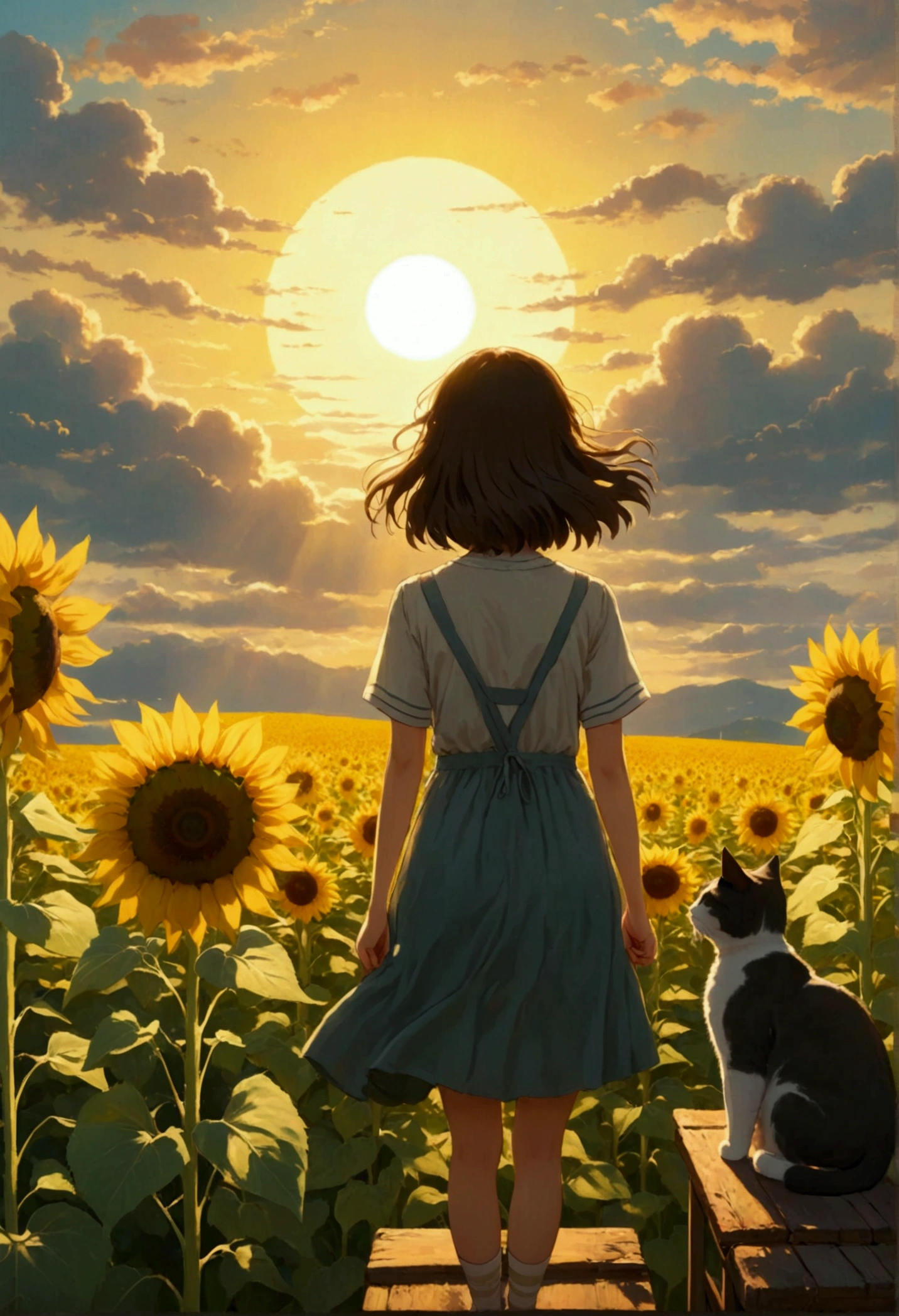 Summer evening Sunshine through the clouds Sunflower field Lots of sunflowers A sad-looking girl and cat Back view Ghibli-style illustrations