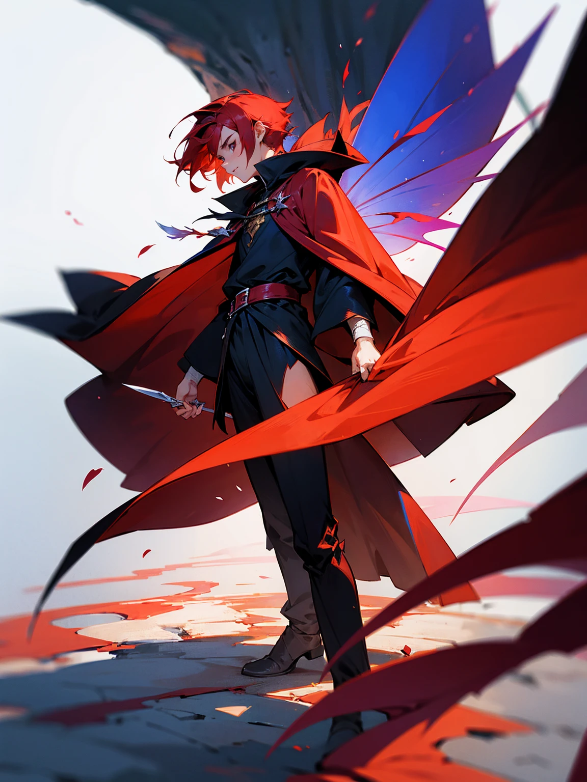 male, fairy wings, crimson hair, rogue outfit, cloak, apathetic, standing on path