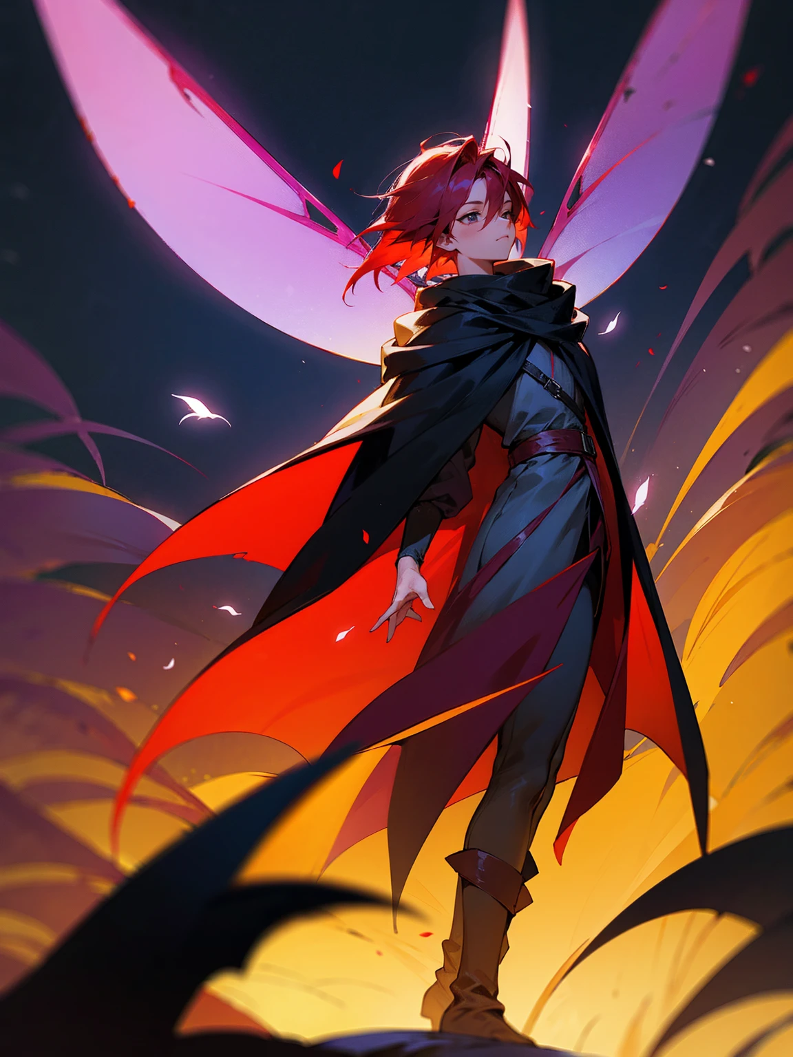 male, fairy wings, crimson hair, rogue outfit, cloak, apathetic, standing on path