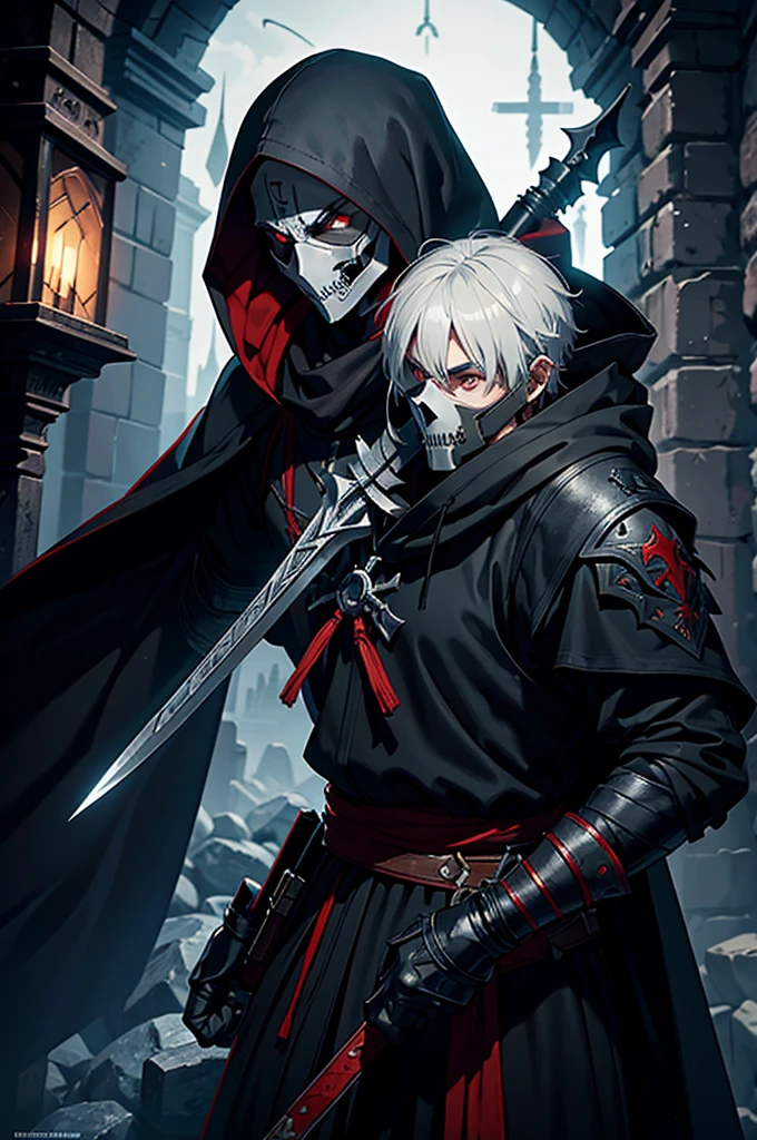 An assassin, male, fantasy character, physically strong, wearing a skull mask covering his face and eyes, dressed in black medieval attire, with a white hooded cloak over it, gray hair, short hair, red eyes, holding a dagger, nighttime background.
