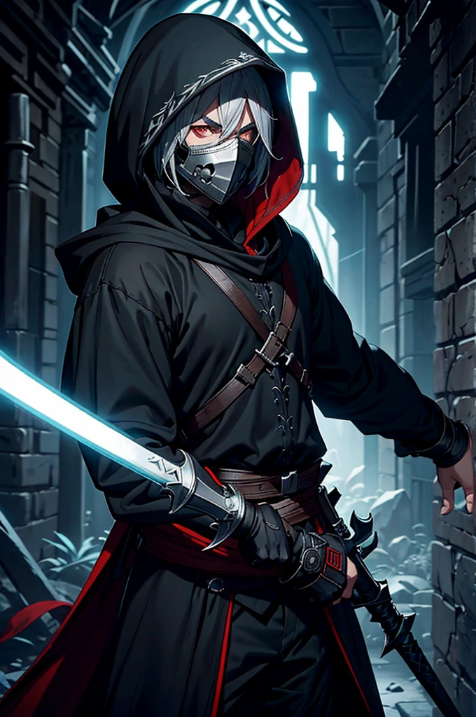 An assassin, male, fantasy character, physically strong, wearing a skull mask covering his face and eyes, dressed in black medieval attire, with a white hooded cloak over it, gray hair, short hair, red eyes, holding a dagger, nighttime background.
