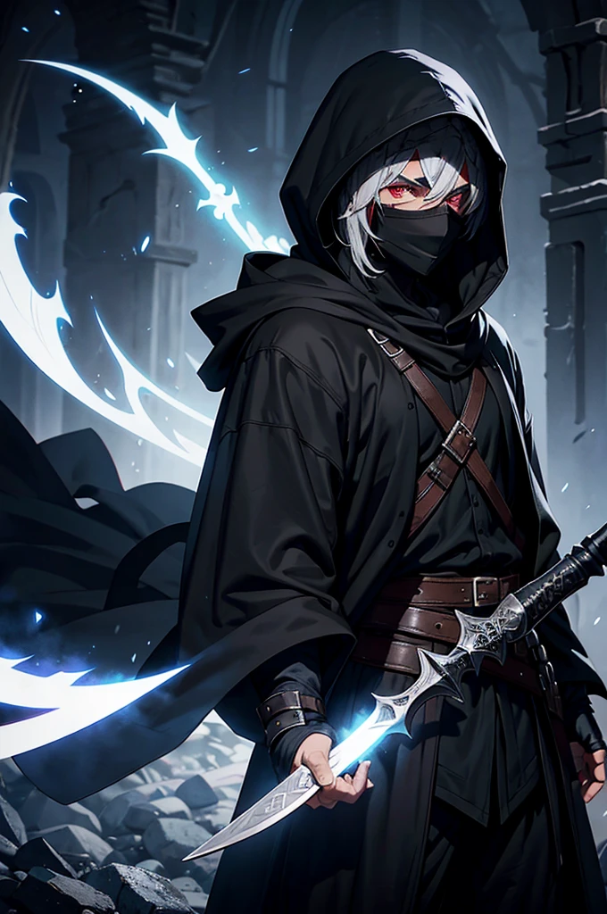 An assassin, male, fantasy character, physically strong, wearing a skull mask covering his face and eyes, dressed in black medieval attire, with a white hooded cloak over it, gray hair, short hair, red eyes, holding a dagger, nighttime background.