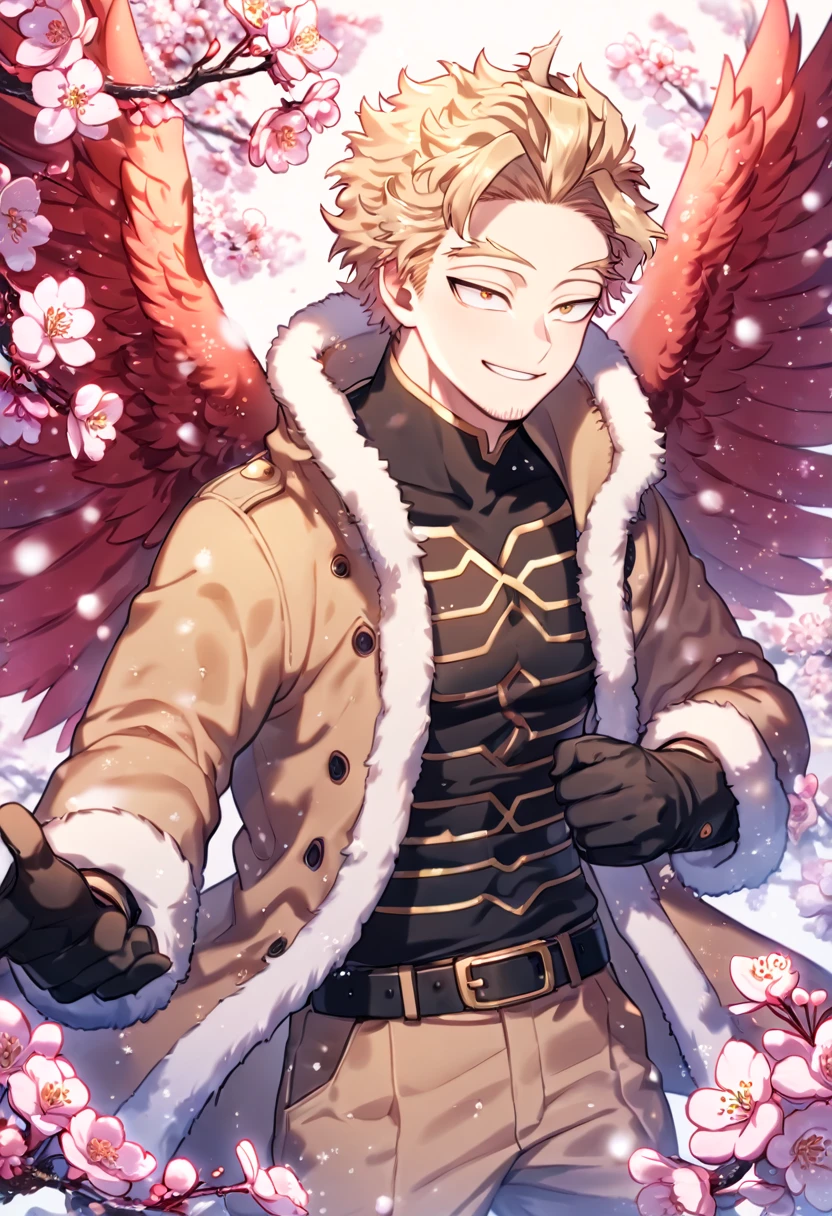 Ultra detailed, HDR, Highres, absurdres, master piece, Hawks, ash blonde hair, expressive golden-brown eyes, faint stubble, red wings, brown coat with fur, black tight shirt, black belt, brown pants, black gloves, Boku No Hero Academia, sexy man, handsome, cherry, flowers, blossoms, fantasy, magical, pink leaves, snowing, handsome, sensual, best quality, glittering, solo, handsome smile,