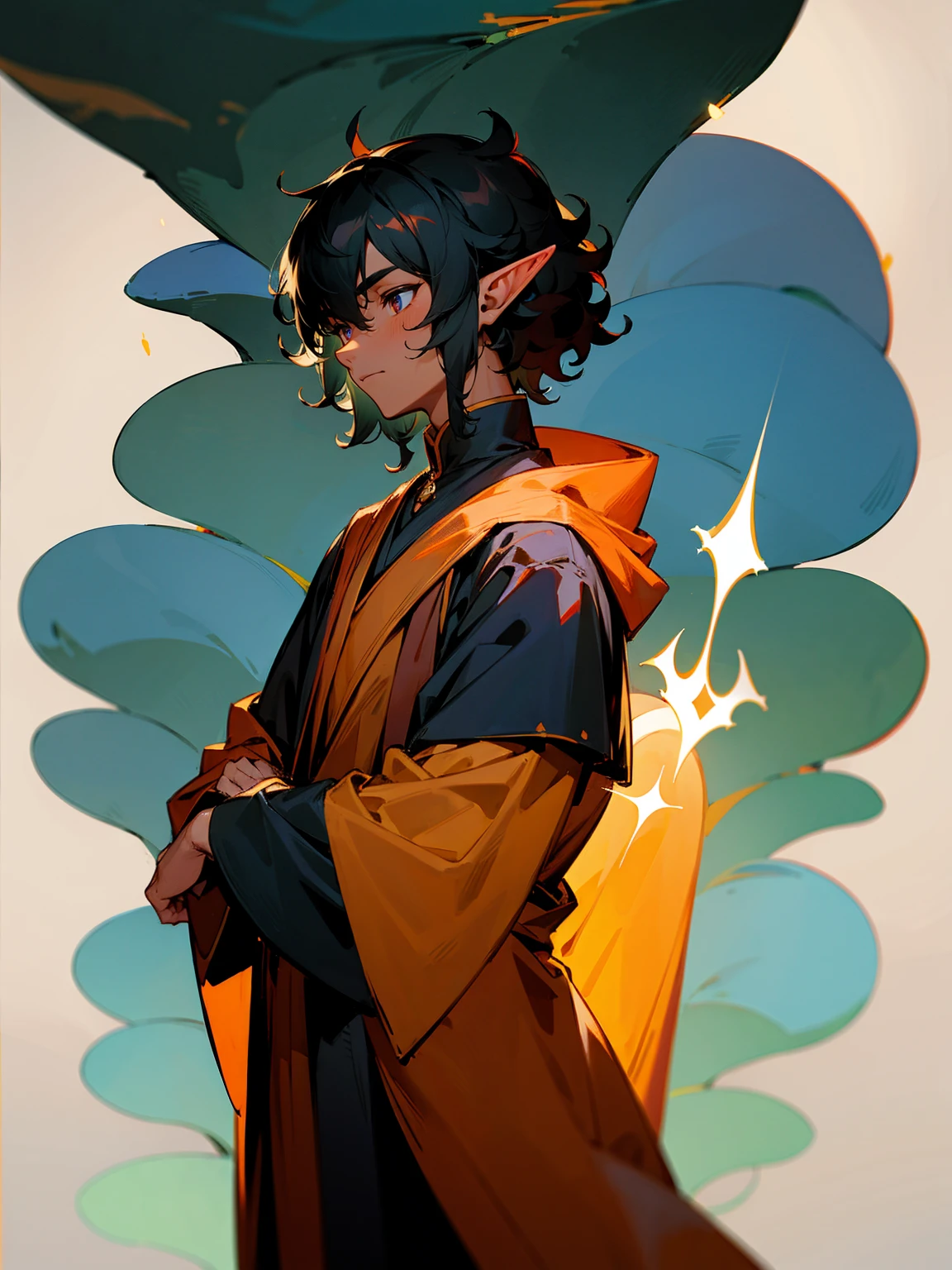 male, dark skin, elf ears, black hair, short and curly, monk robes, serene expression