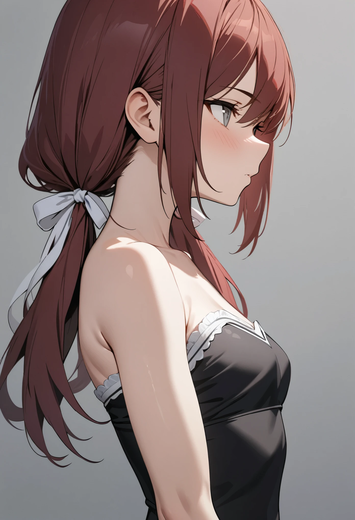 masterpiece, best quality, ultra detailed, 1girl, solo, upper body, from side, Gray eyes, Dark red hair, swept bangs, low twin tails, white ribbons, gray strapless shirt with white trim, black jeans, small breasts, toned arms,