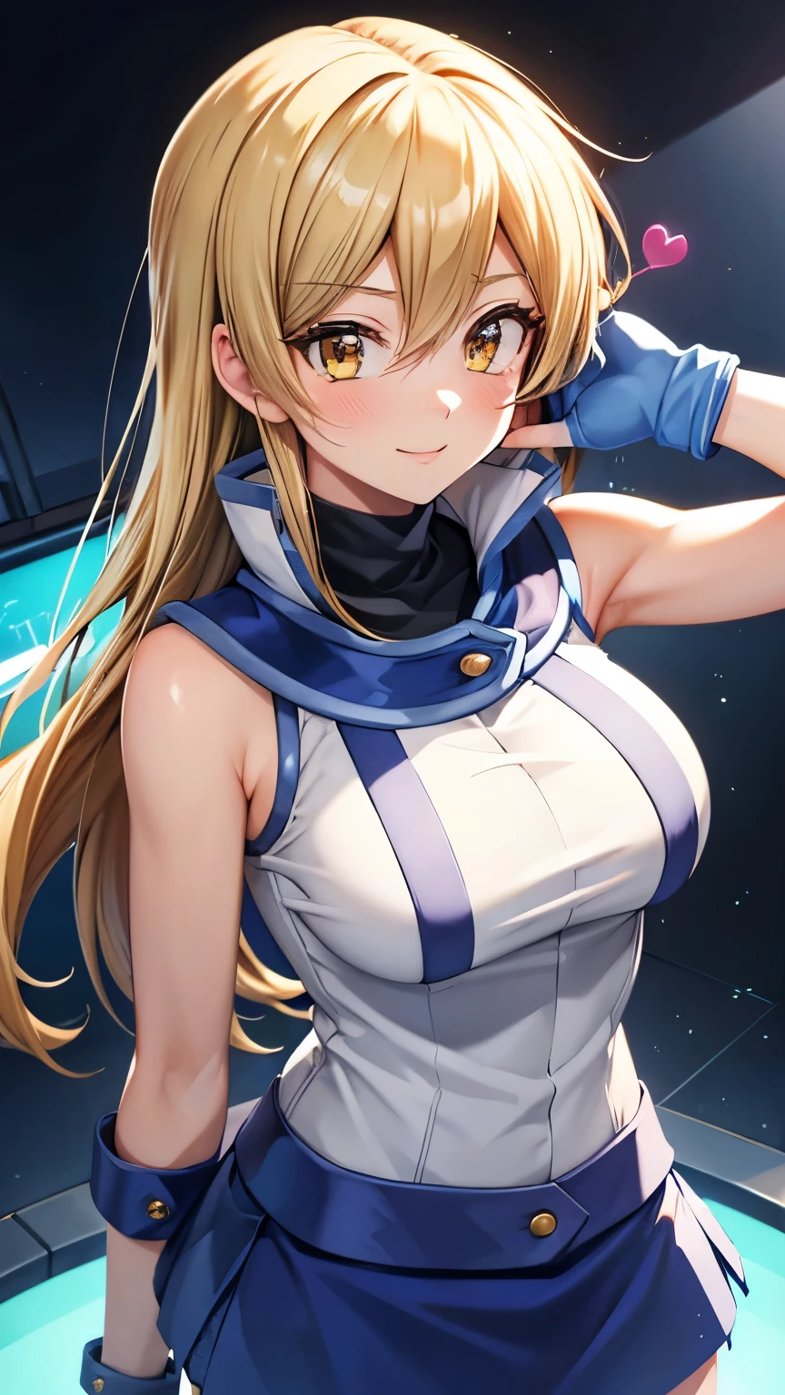 masterpiece, best quality, highres, heart hair ornament, ta1,blonde hair,long hair,yellow eyes, white jacket, sleeveless, blue skirt,tight skirt , miniskirt,fingerless gloves,smile,big tits  ,looking at viewer,top view,(standing), bracelet, Cyber city,blue neon lights,((perfect face)),perfect body, perfect , high definition,blush,((upper body))