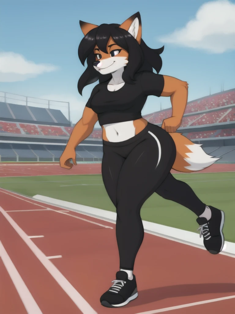 Furry, fox, female, black shirt, black leggings, shoes, running track, solo, full body
