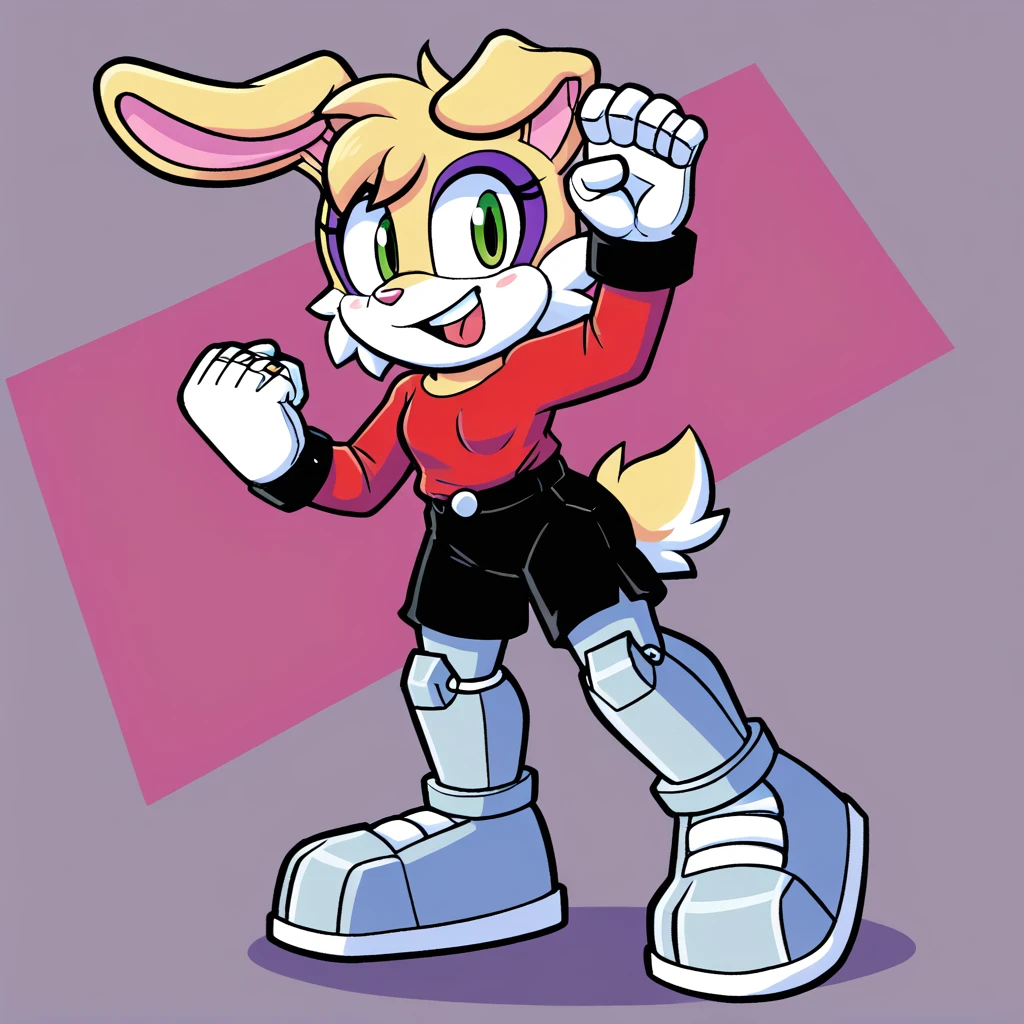 Custom avatar, Bunnie Rabbot character, wearing black shorts, in the cyberspace￼, cgi backround, doing a dyamic pose, someone holding his leg, 