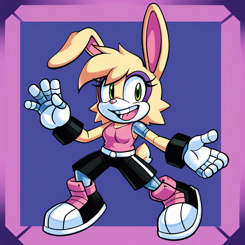 Custom avatar, Bunnie Rabbot character, wearing black shorts, in the cyberspace, cgi backround, doing a dyamic pose, someone holding his leg,