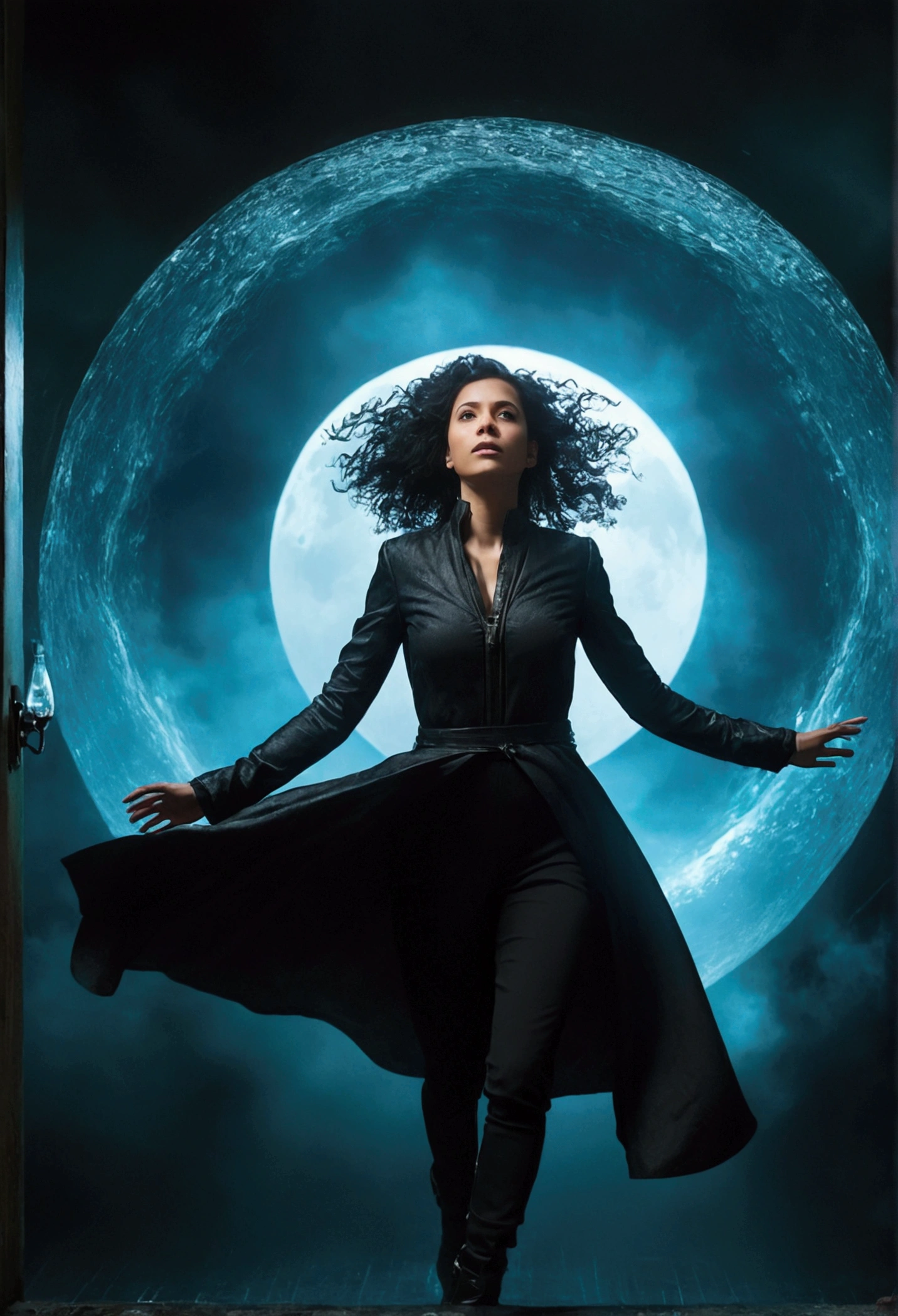 photoshot, portraite, intimidating woman floating [Discovery of a wormhole leads to new worlds|a cursed prince must marry a monster], [Science fiction:fancy:0.6] cinematic lighting