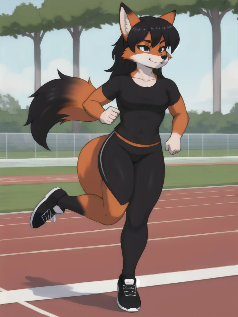 Furry, fox, female, black shirt, black leggings, shoes, running track, solo, full body