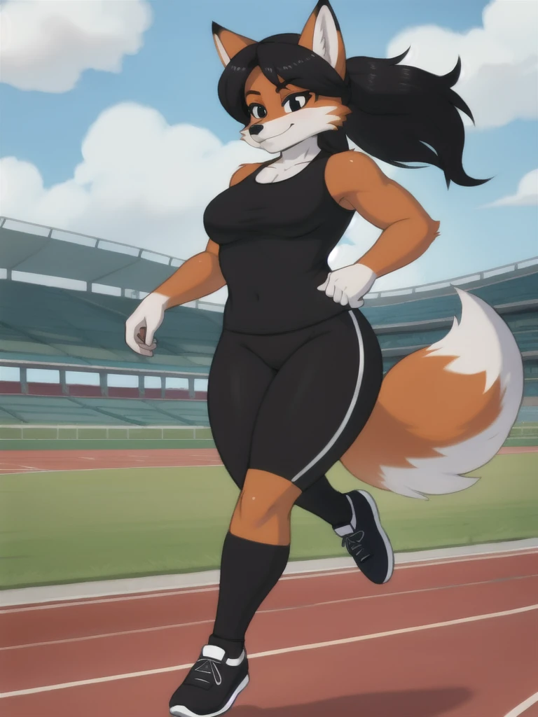 Furry, fox, female, black shirt, black leggings, shoes, running track, solo, full body