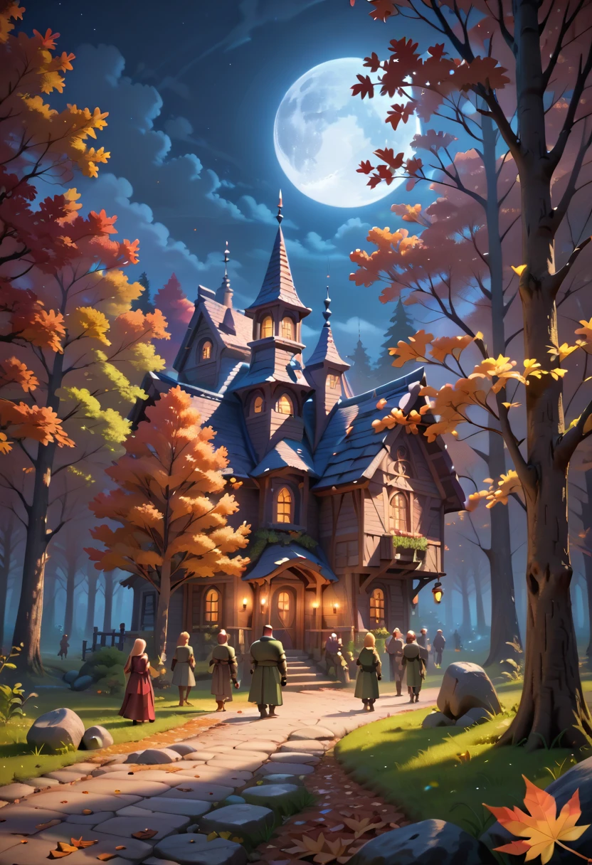 elf village, elf forest, orc patrol, autumn, nighttime, midnight, full moon, dark sky, masterpiece quality, ultra HD, 4K, best quality