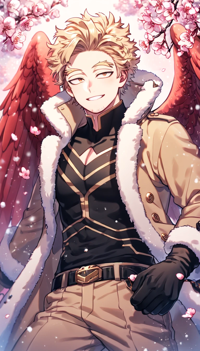 Ultra detailed, HDR, Highres, absurdres, master piece, Hawks, ash blonde hair, expressive golden-brown eyes, faint stubble, red wings, brown coat with fur, black tight shirt, black belt, brown pants, black gloves, Boku No Hero Academia, sexy man, handsome, cherry, flowers, blossoms, fantasy, magical, pink leaves, snowing, handsome, sensual, best quality, glittering, solo, handsome smile,