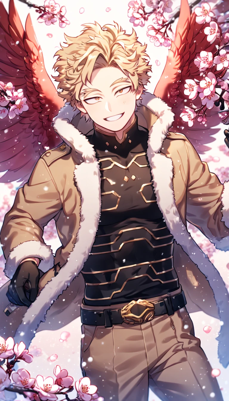 Ultra detailed, HDR, Highres, absurdres, master piece, Hawks, ash blonde hair, expressive golden-brown eyes, faint stubble, red wings, brown coat with fur, black tight shirt, black belt, brown pants, black gloves, Boku No Hero Academia, sexy man, handsome, cherry, flowers, blossoms, fantasy, magical, pink leaves, snowing, handsome, sensual, best quality, glittering, solo, handsome smile,