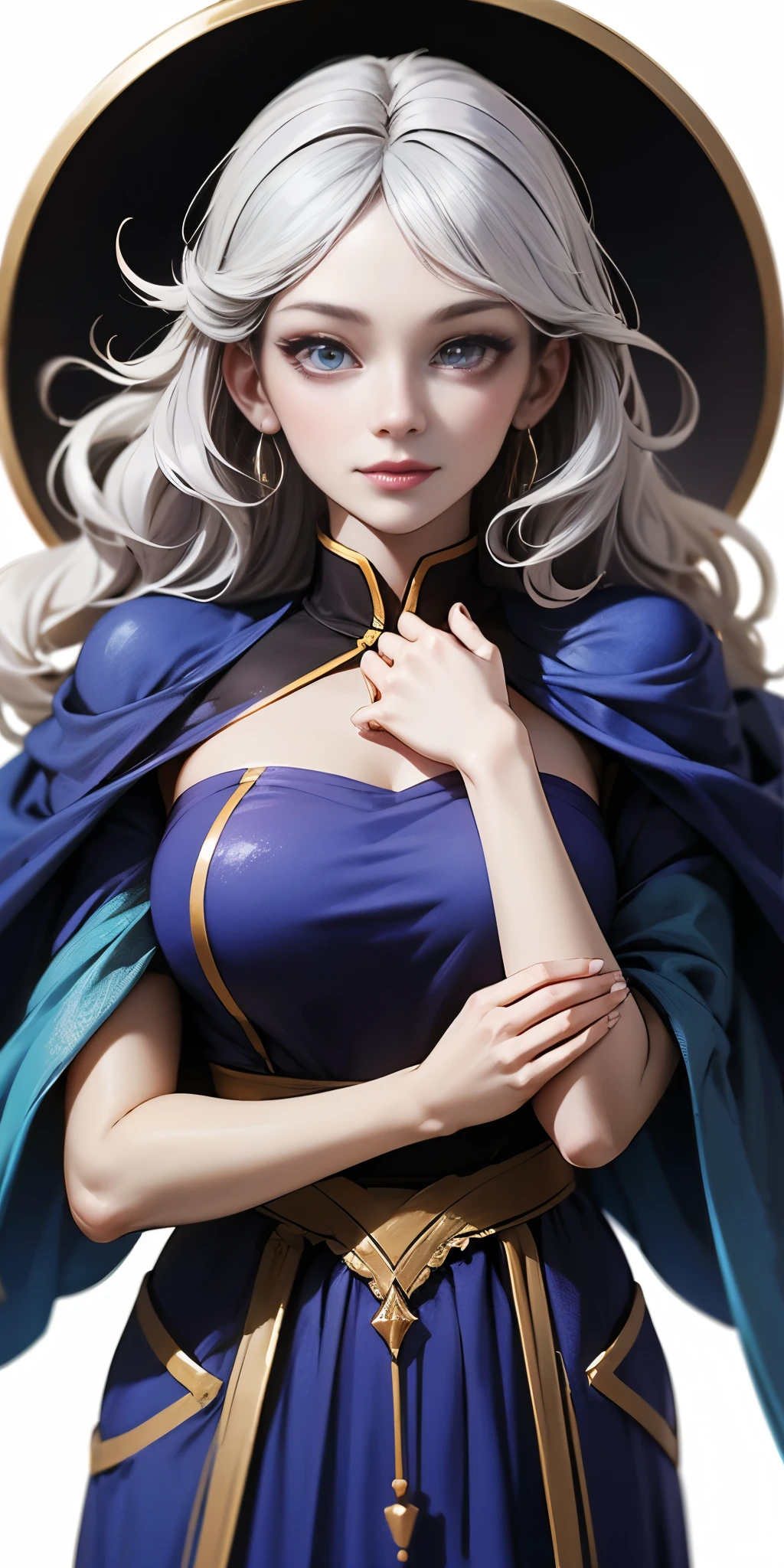 (Female chest covered)(smile) Gray skin, pale golden hair and violet eyes. She prefers clothing of white and silver with cloaks of deep blue or purple, village background, huge_knockers ((very precise detailed)) ((highres)