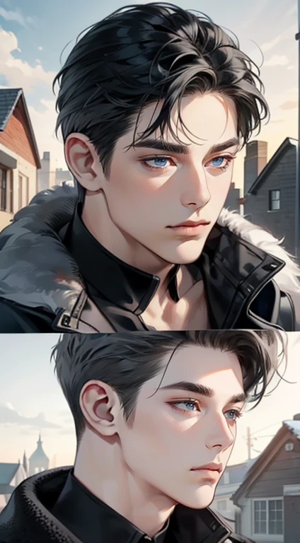 masterpiece, best quality, realistic, 1man, mature male, quiet and charming young man, 35 years old, close his eyes, serious, closed mouth, extremely detailed face, cold, ((dark grey blue eyes)), ((short-right-swept dark grey black hair)), [thick eyebrows], ((hunter)), accurate, detailed, ((town))