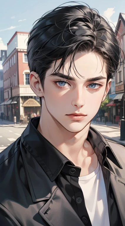 masterpiece, best quality, realistic, 1man, mature male, quiet and charming young man, 35 years old, close his eyes, serious, closed mouth, extremely detailed face, cold, ((dark grey blue eyes)), ((short-right-swept dark grey black hair)), [thick eyebrows], ((hunter)), accurate, detailed, ((town))