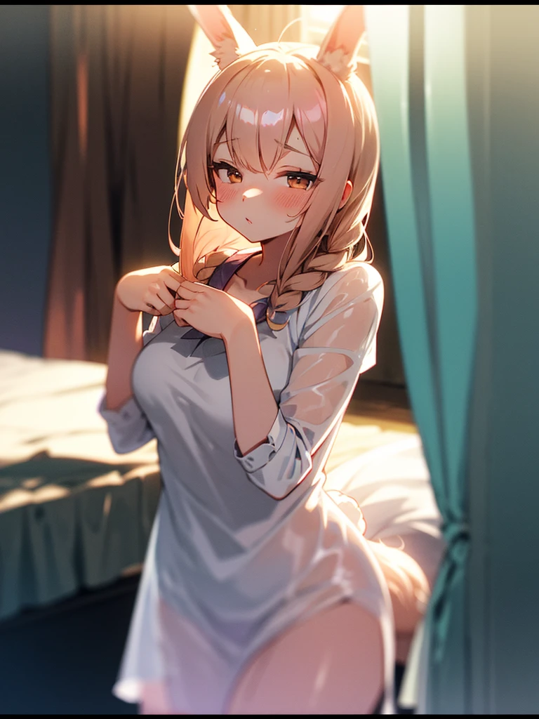 A girl in translucent clothes kneels on the bed，The girl's face blushed，Leaning forward，The chest is half exposed，There are no clothes on the lower body