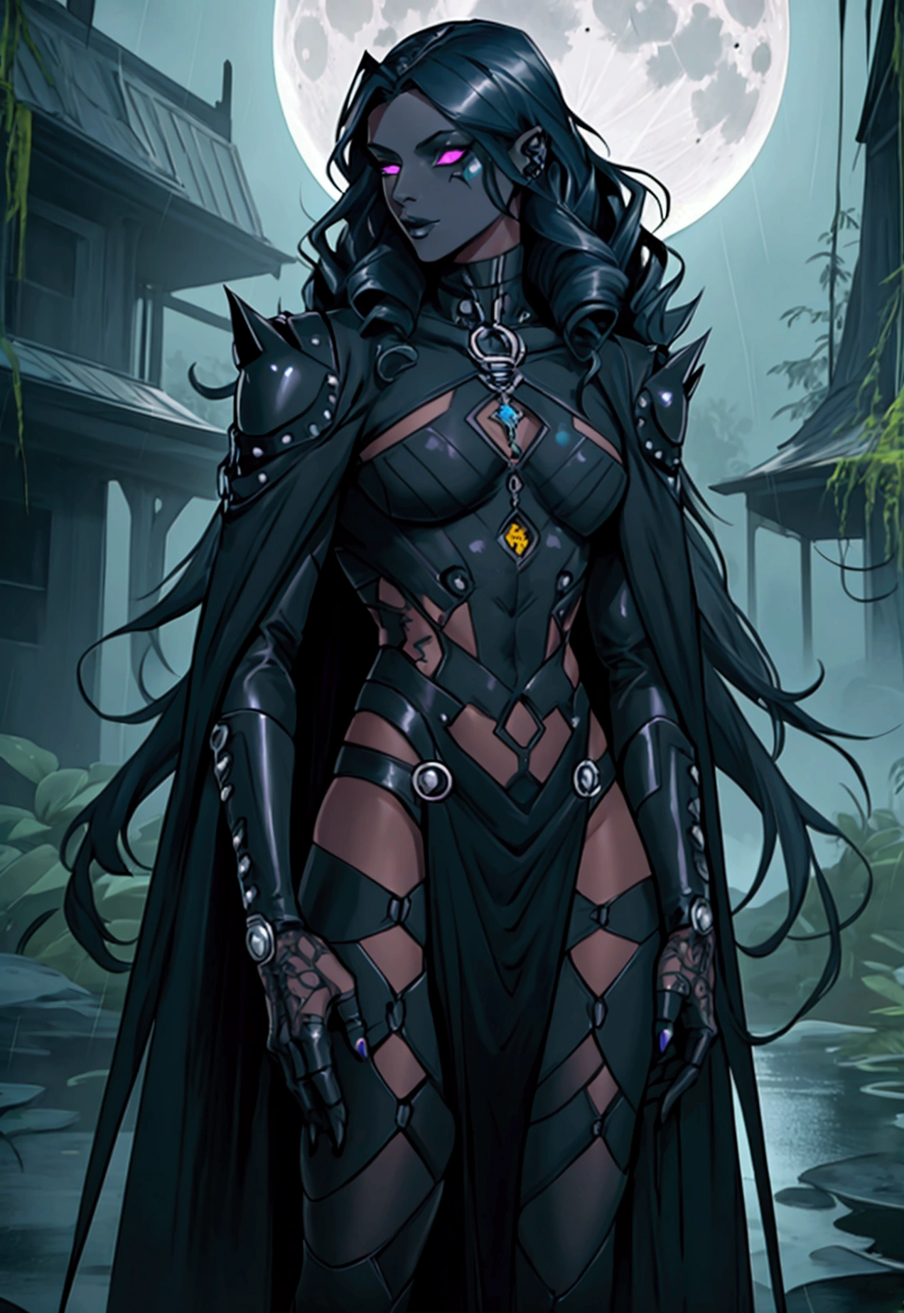 Male body, skinny male body, clothing, Futuristic drag queen clothing ideas, futuristic goth, lattin drag, tan skin, ultra detailed, swamp, long curly dark blue hair, future goth, future halloween, rain, hole body, sexy, night, full moon