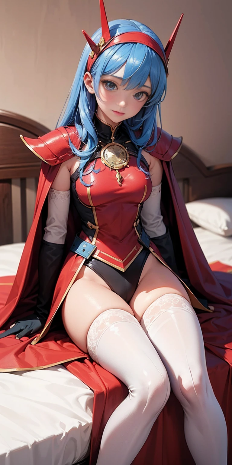 masterpiece, best quality, highres, 1girl umi ryuuzaki hairband headgear, red armor shoulder armor red cape elbow gloves leotard white thighhighs sitting on bed, bedroom background