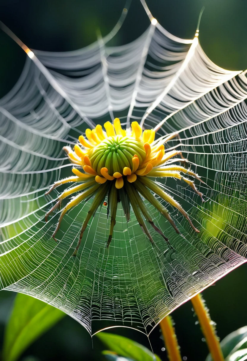 Hyperrealistic | Beautiful spider web flower with a texture resembling glass |Macro photography. Exceptional detail and complexity | Majestic lighting effects and optical illusions | Masterpiece quality | The best works of Behance and Artstation | Unearthly, fabulous beauty; Mesmerizing visual effects; Artistic perfection -v 6.0 -ar 16:9 -style raw