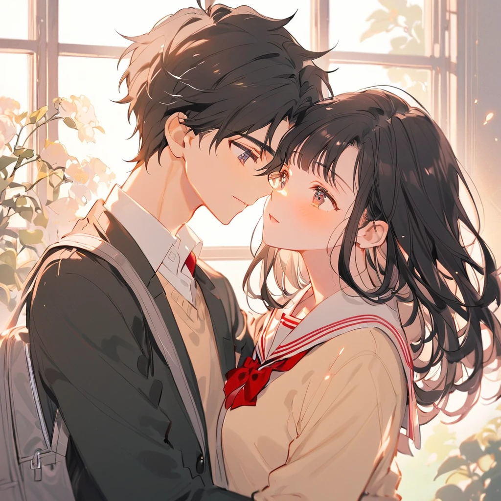 (Male and female couple), Black hair, ((high school student, school uniform)), Embrace each other, See each other