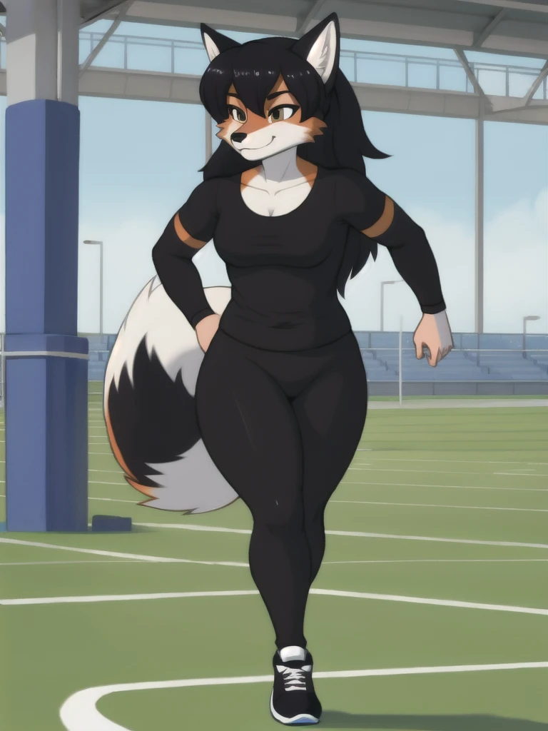 Furry, fox, female, black shirt, black leggings, shoes, running track, solo, full body