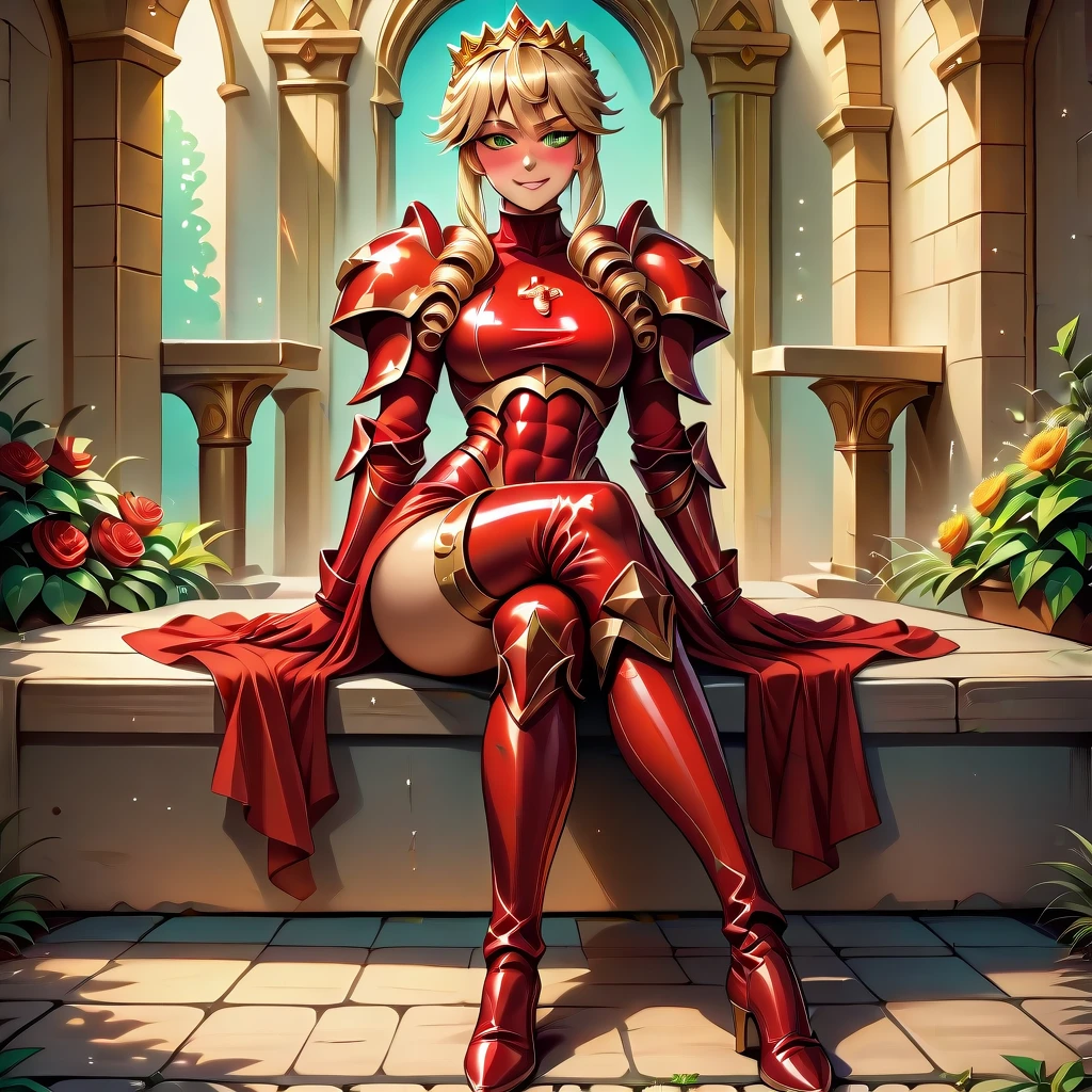  Lancer Artoria body (Alexis Texas Face), elegant adult female, blonde, green eyes (yellow eyelashes) crown, turtleneck, full body sitting on a bench, showing ass to me, RED breastplate, RED skin (1SologirlRED skin:1.2), looking at viewer, shiny, armor, thigh highs, high boots, pauldrons shoulder armor, faulds, poleyn, RED gloves gauntlets, rerebrace, RED military armored boots, yordle muscular lean platinum blonde long twin tails hairstyle at the bedroom lustful smirking smile face red blushed, blush, strong abs, female body builder, tiara, twin drills hair, (masterpiece, best quality, ultra detailed, best shadow)