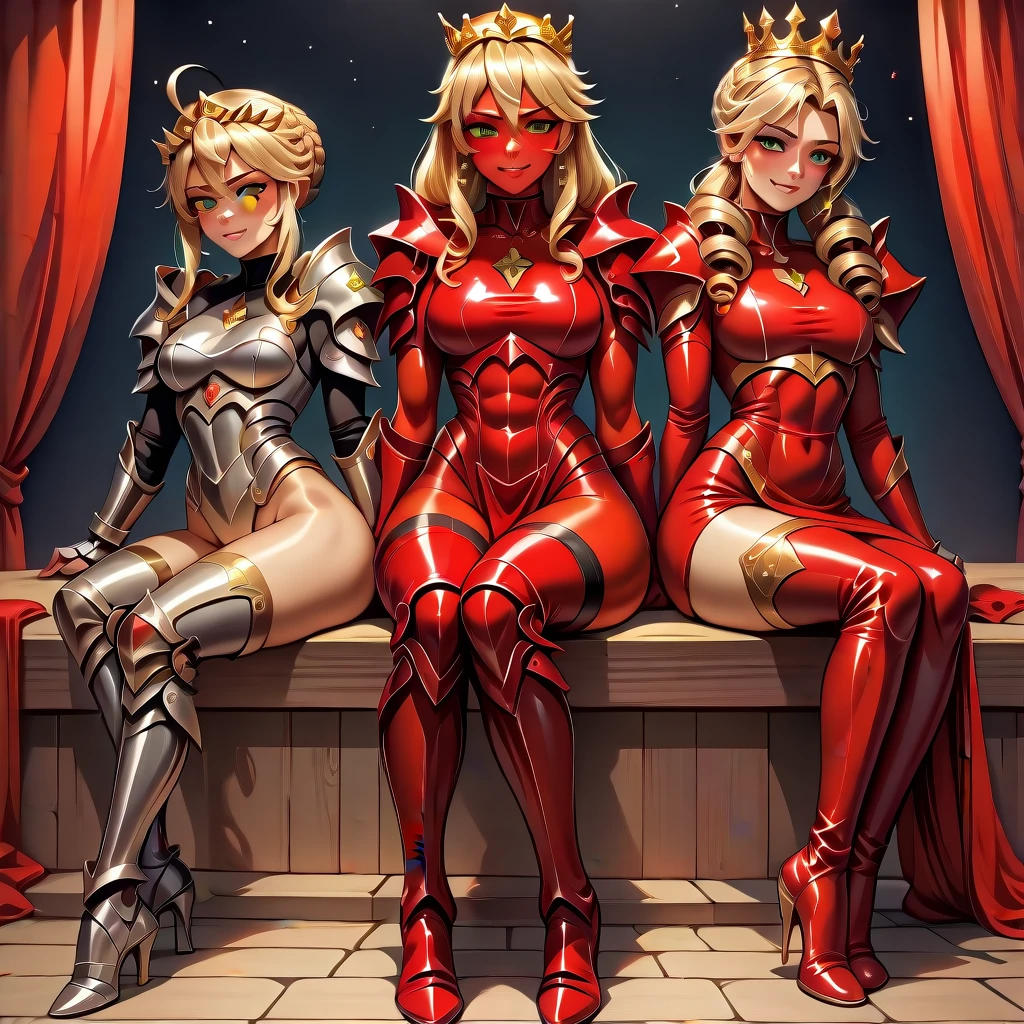  Lancer Artoria body (Alexis Texas Face), elegant adult female, blonde, green eyes (yellow eyelashes) crown, turtleneck, full body sitting on a bench, showing ass to me, RED breastplate, RED skin (1SologirlRED skin:1.2), looking at viewer, shiny, armor, thigh highs, high boots, pauldrons shoulder armor, faulds, poleyn, RED gloves gauntlets, rerebrace, RED military armored boots, yordle muscular lean platinum blonde long twin tails hairstyle at the bedroom lustful smirking smile face red blushed, blush, strong abs, female body builder, tiara, twin drills hair, (masterpiece, best quality, ultra detailed, best shadow)