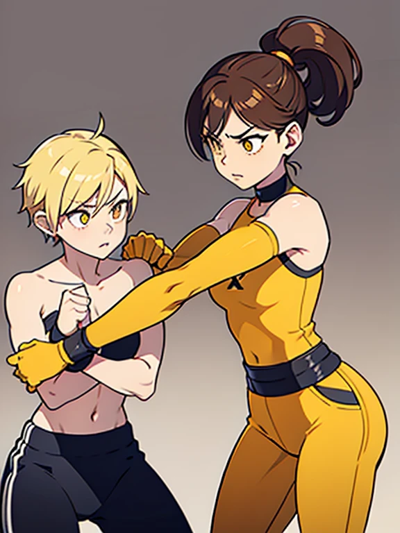Furious Female boxer lifting the hands in clinch posture, , brown hair, yellow glowing eyes, yellow eyes, short hair wearing boxing gloves, punching the camera, makeup, mascara, Lips are subdued or colors, Minimalism, monotone, simple color palettes, Clean, sharp designs, flowing silhouettes, sports clothes, fighting clothes, high-waisted short, simple dresses, shirts, pants and blouses, asymmetrical, geometric, Elegant and luxurious materials and designs, Simple, minimal accessories, Distinctive designs, simple silhouettes, chic and mature impression, simple and sophisticated style, elegance, minimalism, high quality materials, cool and urban impression, high fashion, , simplicity and sophistication,