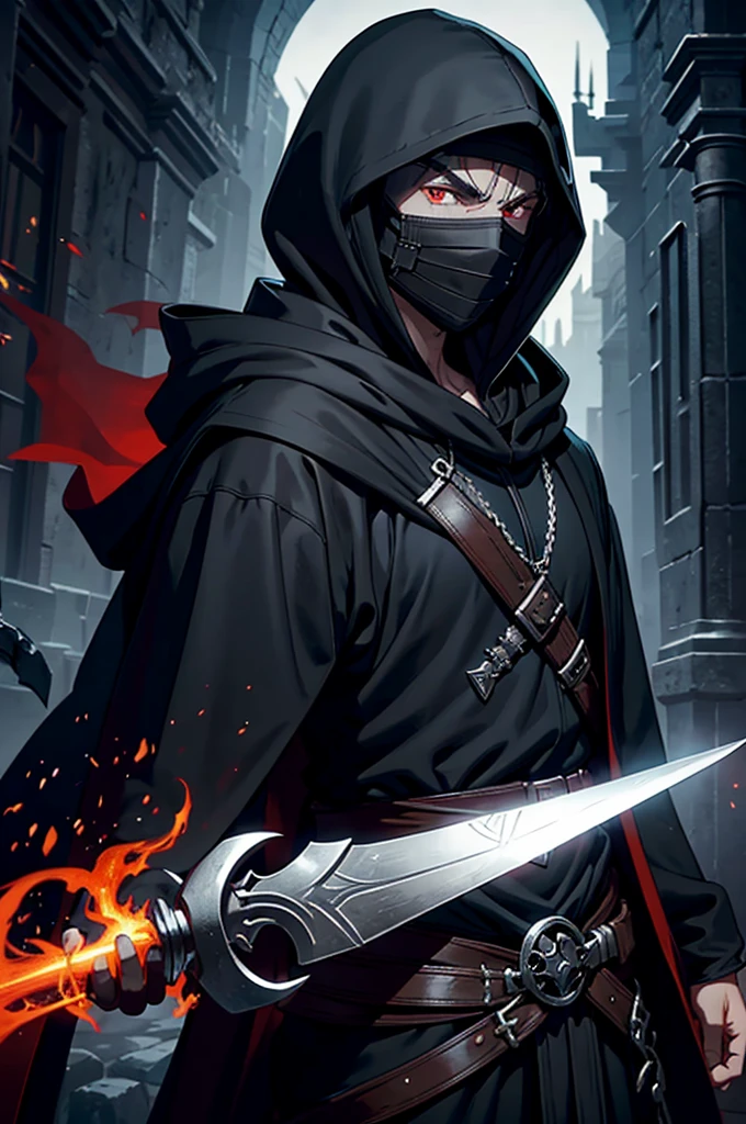 An assassin, male, fantasy character, physically strong, wearing a skull mask covering his face and eyes, dressed in black medieval attire, with a white hooded cloak over it, gray hair, short hair, red eyes, holding a dagger, nighttime background.