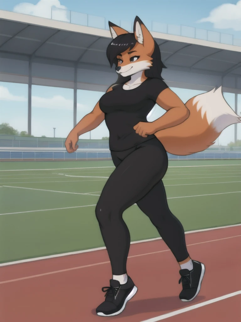 Furry, fox, female, black shirt, black leggings, shoes, running track, solo, full body