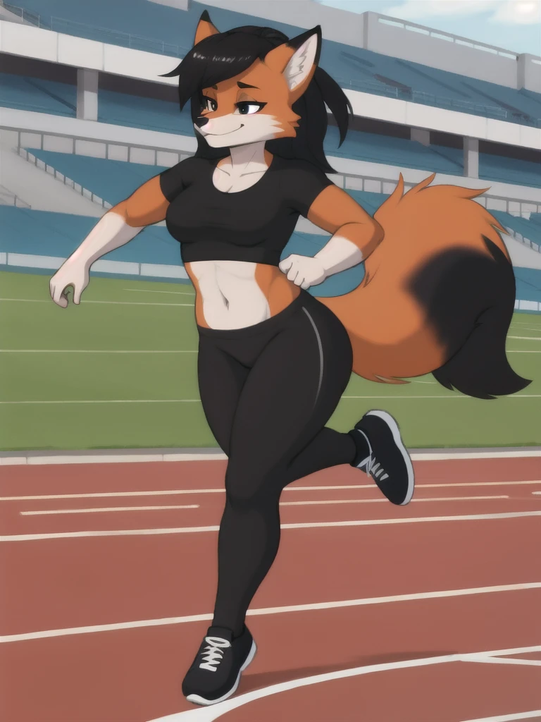 Furry, fox, female, black shirt, black leggings, shoes, running track, solo, full body