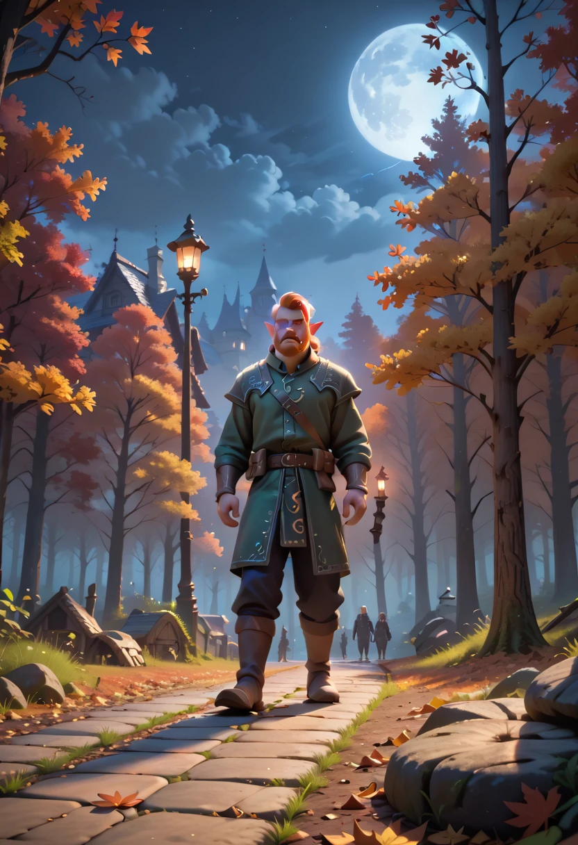 1orc, patrolling, elf village, elf forest, autumn, nighttime, midnight, full moon, dark sky, masterpiece quality, ultra HD, 4K, best quality