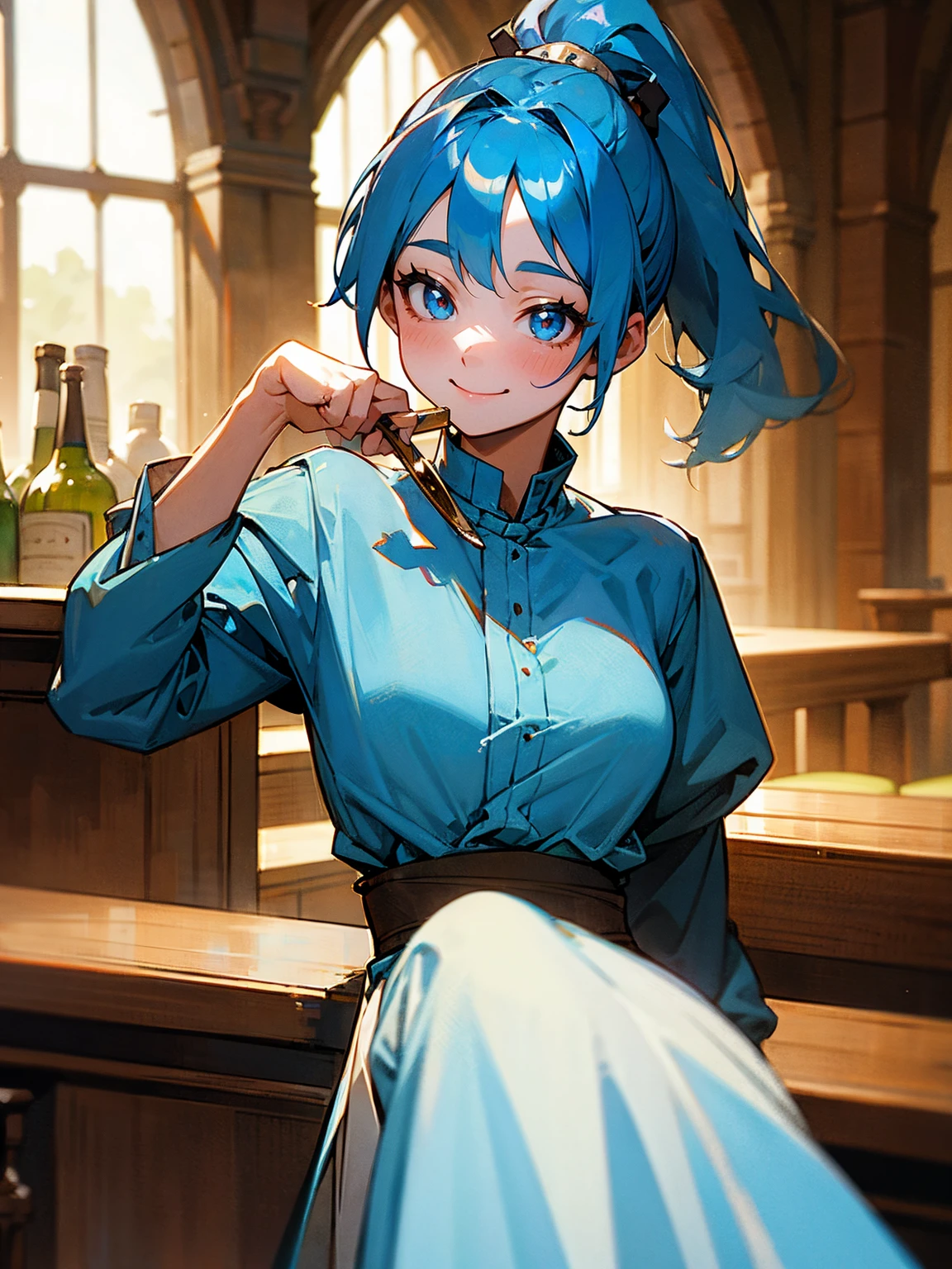 female, blue hair, ponytail, bar keeper, medieval gown, wiping a glass, smiling