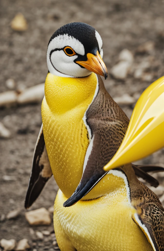 yellow penguin wearing yellow safety helmet, pose elgantly, bottom up view, background plain golden green