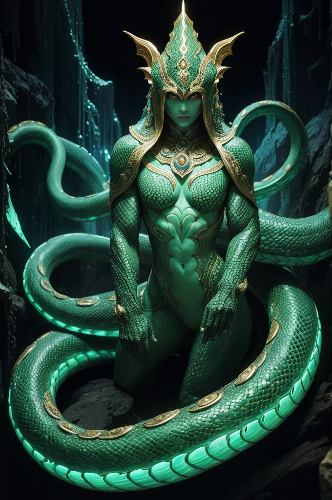 A striking high-definition photo of a mythical Naga creature, featuring a humanoid upper body and a massive snake-like lower body. The Naga's human head is adorned with multiple serpentine hoods, and its eyes emit a hypnotic, otherworldly glow. The creature has a muscular build and wears a intricate, heavily jeweled headdress. The background is a dimly lit, mysterious cavern with stalactites and stalagmites, casting an eerie shadow over the scene.