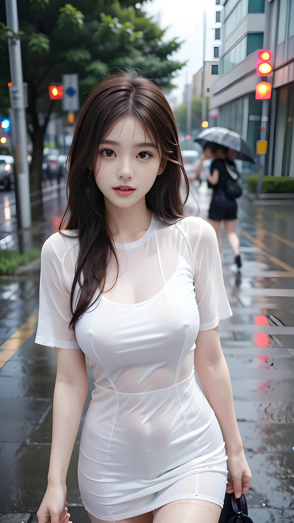 ulzzang-6500-v1.1, (RAW photo: 1.2), (Real photo), (Real photo: 1.4), 1 girl、Perfect anatomy、20 years old、Looking at the camera、Medium length hair, Wet hair in the rain, dress, ((on the street, in the rain: 1.2)), (Soaked clothes: 1.2), (Business service)、Asian eyes Ella,