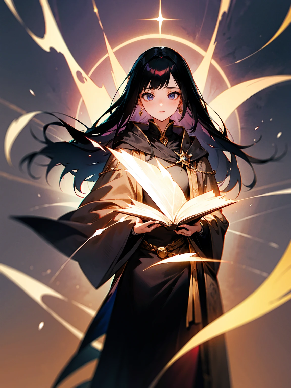 female, black hair, long and straight, sorceress, robes, holding a magical tome